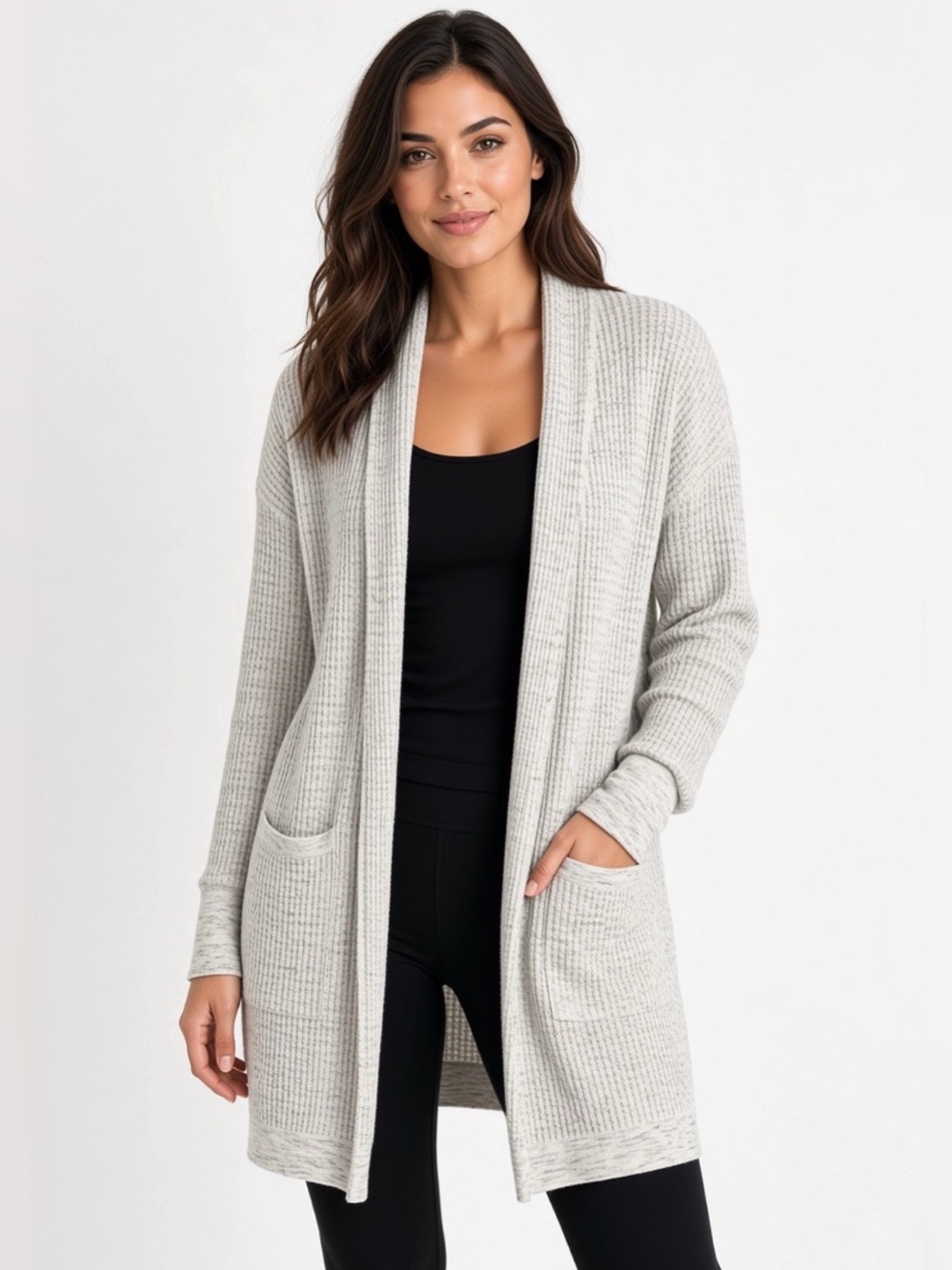Calia Open Front Waffle Knit Cardigan, Grey, EUC, Large, Fall Layers, Soft